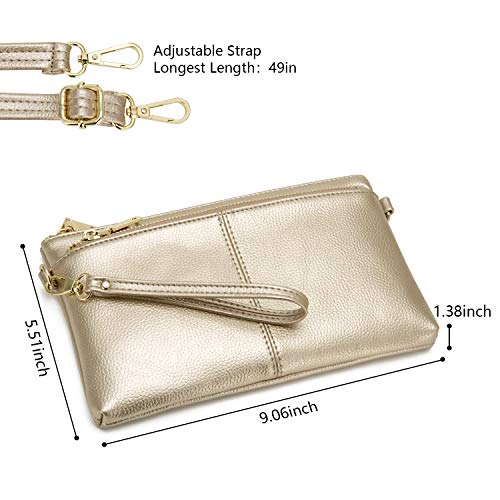 ZOOEASS Triple Zip Small Crossbody Bag Lightweight Purses Vegan Leather Wristlet Clutch, Includes Adjustable Shoulder (Gold)