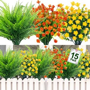 camlinbo 15 bundle artificial flowers outdoor spring summer decorations artificial boston fern uv resistant fake plants faux plastic flowers for home garden outside porch decor hanging planters(mixed)