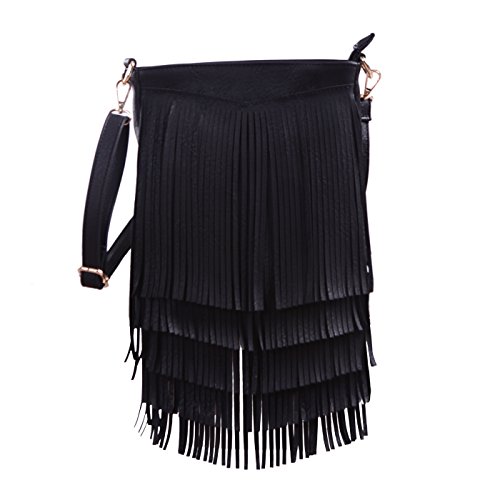 HDE Women's Leather Hobo Long Fringe Crossbody Tassel Purse Small Handbag