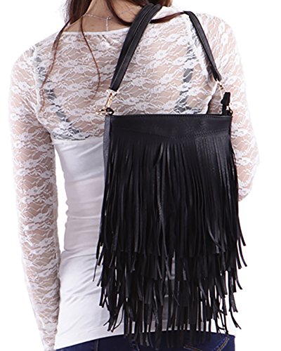 HDE Women's Leather Hobo Long Fringe Crossbody Tassel Purse Small Handbag