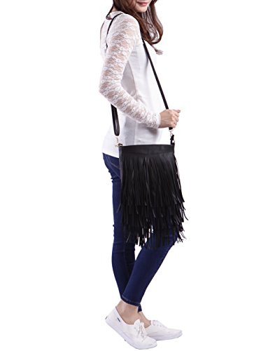 HDE Women's Leather Hobo Long Fringe Crossbody Tassel Purse Small Handbag