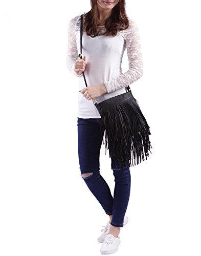 HDE Women's Leather Hobo Long Fringe Crossbody Tassel Purse Small Handbag