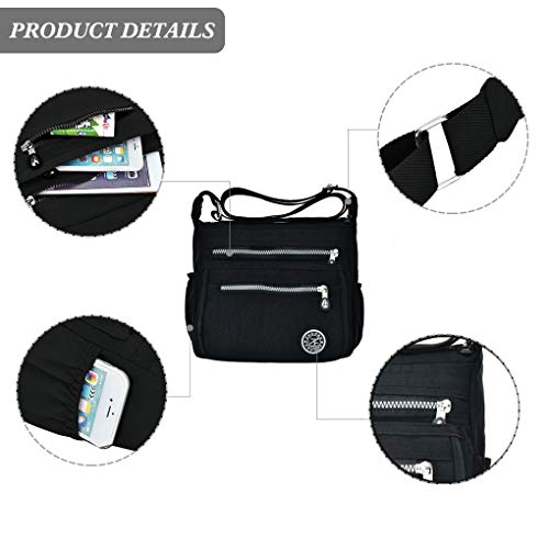 KXF Women's Crossbody Bag Waterproof Nylon Casual Shoulder Bag Messenger Bag Travel Purse Handbag with Multi Pocket, Black