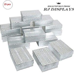 RJ Displays- 25 Pack Cotton Filled Silver Linen Jewelry Box for Pendant, Charm, Bracelet, Anklet, Ring, Earring, Necklace Chain Jewelry and Small Gift 2 5/8" x 1 1/2" x 1" (67 x 40 x 25 mm)-Size #21