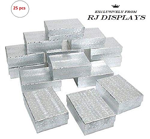 RJ Displays- 25 Pack Cotton Filled Silver Linen Jewelry Box for Pendant, Charm, Bracelet, Anklet, Ring, Earring, Necklace Chain Jewelry and Small Gift 2 5/8" x 1 1/2" x 1" (67 x 40 x 25 mm)-Size #21