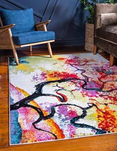 unique loom lyon collection colorful modern abstract watercolor tree area rug, 3 ft 3 in x 5 ft 3 in, ivory/pink