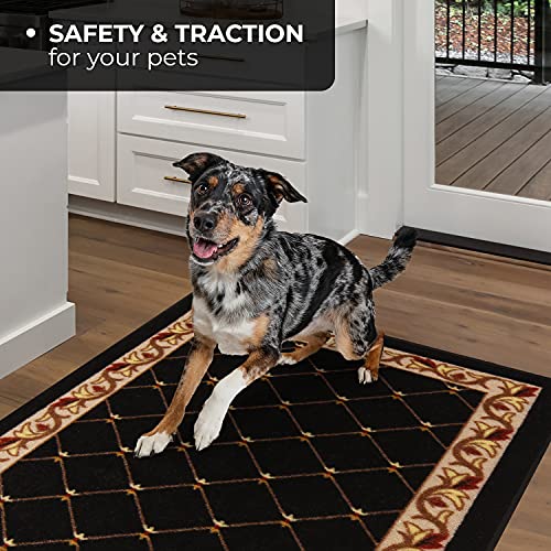 House, Home and More Skid-Resistant Carpet Indoor Area Rug Floor Mat – Traditional Lattice with Floral Border – Ebony Black – 3 Feet X 3 Feet