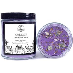 goddess affirmation candle| 9 oz natural soy wax | with chrysocolla crystals, herbs & essential oils | divinity, wisdom, power, admiration rituals | wiccan, pagan, metaphysical, spirituality