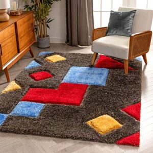 well woven abbi multi boxes & circles thick soft plush 3d textured shag area rug 8×10 (7’10” x 9’10”)