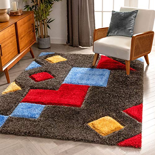 Well Woven Abbi Multi Boxes & Circles Thick Soft Plush 3D Textured Shag Area Rug 8x10 (7'10" x 9'10")