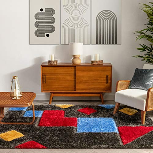 Well Woven Abbi Multi Boxes & Circles Thick Soft Plush 3D Textured Shag Area Rug 8x10 (7'10" x 9'10")