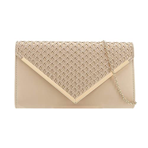 CHARMING TAILOR Elegant Satin Clutch Shimmering Rhinestones Laser-cut Flap Prom Purse (Beige)