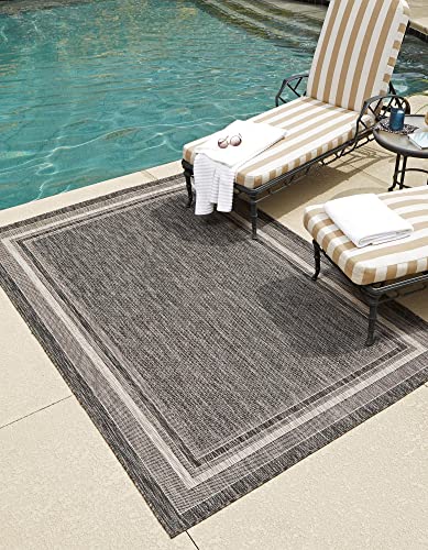 Unique Loom Outdoor Border Collection Casual Solid Border Transitional Indoor and Outdoor Flatweave Black Area Rug (4' 0 x 6' 0)