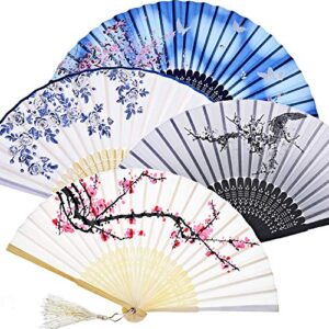 zonon handheld floral folding fans hand held fans silk bamboo fans with tassel women’s hollowed bamboo hand holding fans for women and men (white, blue, dark blue and black)