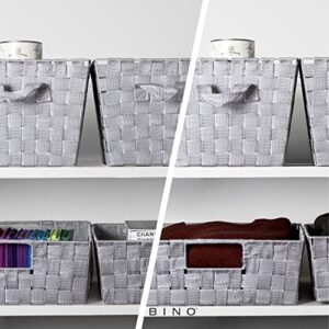 BINO 3 Pack Woven Strap Storage Basket Organizer - Shelf/Under Bed Organizers with Built-in Carry Handles, Light Grey (Small)