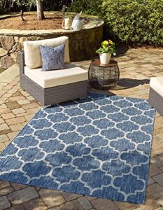 unique loom trellis collection area rug-lattice design, moroccan inspired for indoor/outdoor décor, 4′ 0″ x 6′ 0″, navy blue/gray