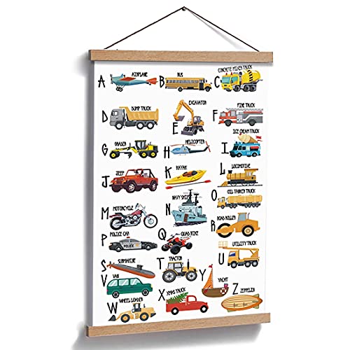 Natural Wood Magnetic Hanger Frame Poster- Colorful Alphabet Canvas Wall Art Print, Cartoon Construction Truck Picture,28X45cm Frames Hanging Kit…