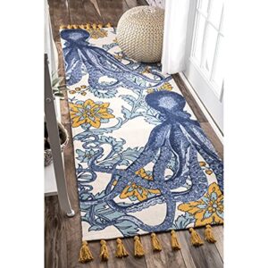 nuloom thomas paul printed flatweave cotton giant octopus runner rug, 2′ 8″ x 6′, multi