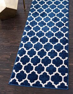 unique loom trellis collection modern morroccan inspired with lattice design area rug, runner 2′ 0″ x 6′ 1″, dark blue/navy blue