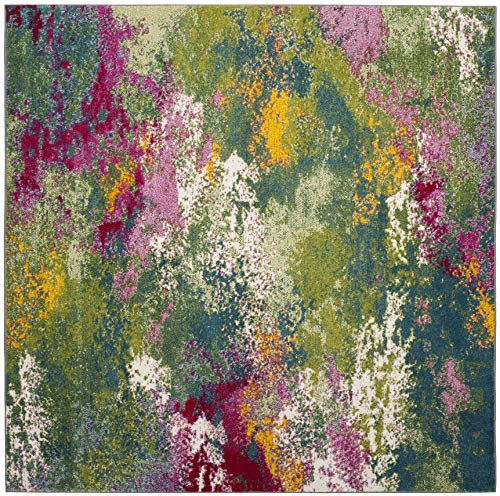 SAFAVIEH Watercolor Collection 6'7" Square Green / Fuchsia WTC697C Colorful Boho Abstract Non-Shedding Living Room Bedroom Dining Home Office Area Rug