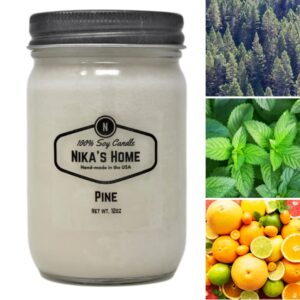 Nika's Home Pine Soy Candle 12oz Mason Jar Non-Toxic White Soy Candle-Hand Poured Candle- Handmade, Long Burning 50-60 Hours Highly Scented All Natural, Clean Burning Large Candle Gift Décor