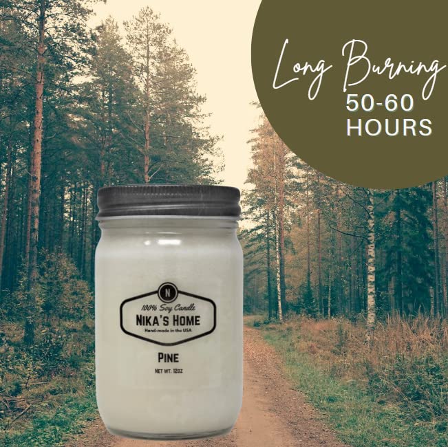 Nika's Home Pine Soy Candle 12oz Mason Jar Non-Toxic White Soy Candle-Hand Poured Candle- Handmade, Long Burning 50-60 Hours Highly Scented All Natural, Clean Burning Large Candle Gift Décor