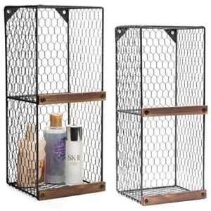 mygift 2-tier black chicken wire metal hanging wall shelves for storage with wood ledges, farmhouse freestanding basket bins, set of 2