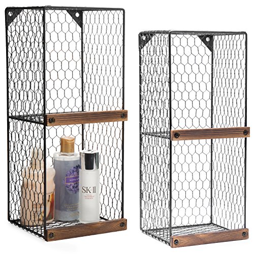 MyGift 2-Tier Black Chicken Wire Metal Hanging Wall Shelves for Storage with Wood Ledges, Farmhouse Freestanding Basket Bins, Set of 2