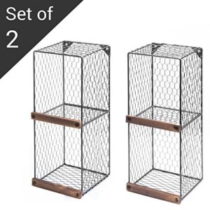 MyGift 2-Tier Black Chicken Wire Metal Hanging Wall Shelves for Storage with Wood Ledges, Farmhouse Freestanding Basket Bins, Set of 2