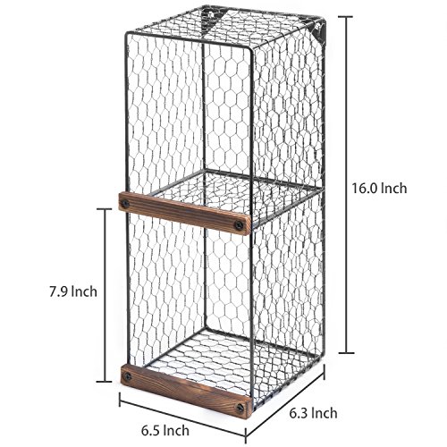 MyGift 2-Tier Black Chicken Wire Metal Hanging Wall Shelves for Storage with Wood Ledges, Farmhouse Freestanding Basket Bins, Set of 2