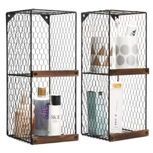 MyGift 2-Tier Black Chicken Wire Metal Hanging Wall Shelves for Storage with Wood Ledges, Farmhouse Freestanding Basket Bins, Set of 2