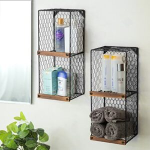 MyGift 2-Tier Black Chicken Wire Metal Hanging Wall Shelves for Storage with Wood Ledges, Farmhouse Freestanding Basket Bins, Set of 2