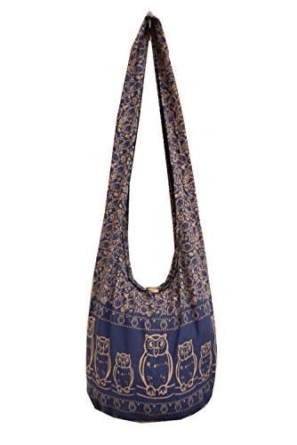 BTP! Owl Hippie Boho Sling Cross body Bag Shoulder Messenger Purse Large (Dark Blue OF9)