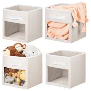 mdesign fabric nursery/playroom closet storage organizer bin box with front handle/window for cube furniture shelving units, hold toys, clothes, diapers, bibs, jane collection, 4 pack – cream/white