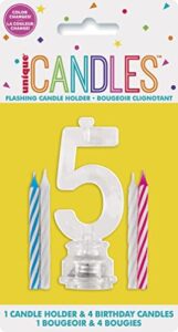 unique number 5 flashing candle holder & candles, 3″, multicolor