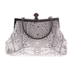 womens vintage jewels beaded evening clutch bag top-handle prom party purse formal handbag(silver)