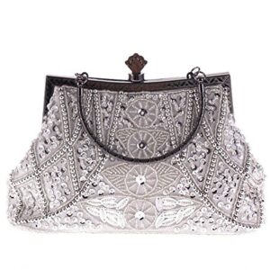 Womens Vintage Jewels Beaded Evening Clutch Bag Top-handle Prom Party Purse Formal Handbag(Silver)