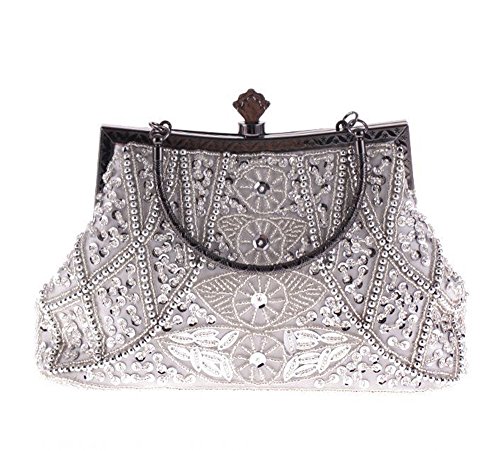 Womens Vintage Jewels Beaded Evening Clutch Bag Top-handle Prom Party Purse Formal Handbag(Silver)