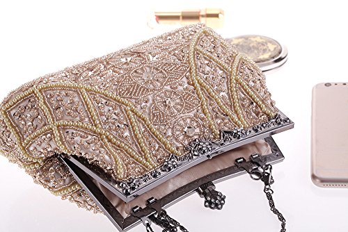 Womens Vintage Jewels Beaded Evening Clutch Bag Top-handle Prom Party Purse Formal Handbag(Silver)