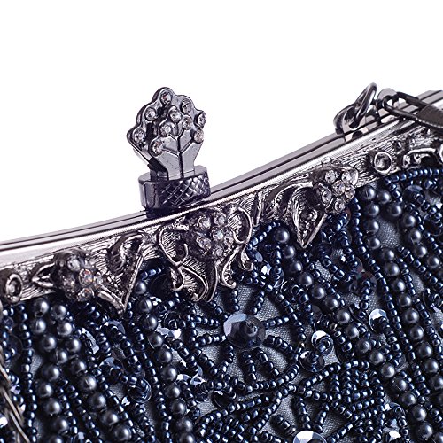 Womens Vintage Jewels Beaded Evening Clutch Bag Top-handle Prom Party Purse Formal Handbag(Silver)