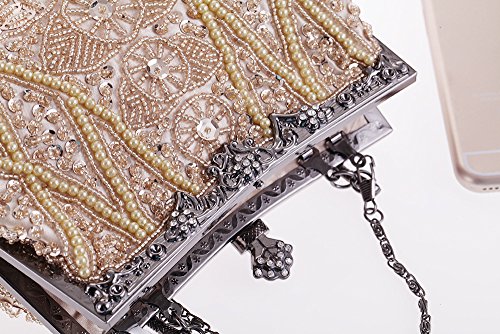 Womens Vintage Jewels Beaded Evening Clutch Bag Top-handle Prom Party Purse Formal Handbag(Silver)