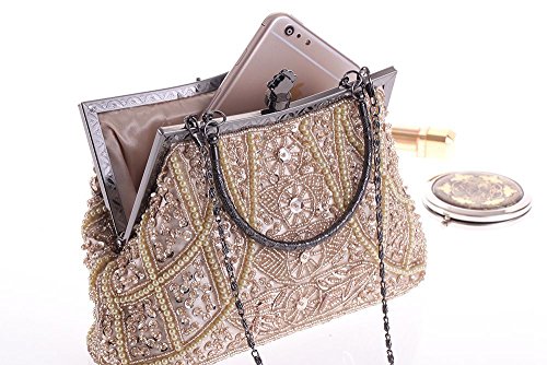 Womens Vintage Jewels Beaded Evening Clutch Bag Top-handle Prom Party Purse Formal Handbag(Silver)