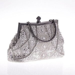 Womens Vintage Jewels Beaded Evening Clutch Bag Top-handle Prom Party Purse Formal Handbag(Silver)