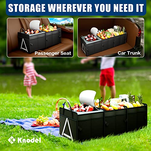 K KNODEL Sturdy Car Trunk Organizer with Premium Insulation Cooler Bag, Heavy Duty Collapsible Trunk Storage Organizer for Car, SUV, Truck, or Van (3 Compartments, Black)