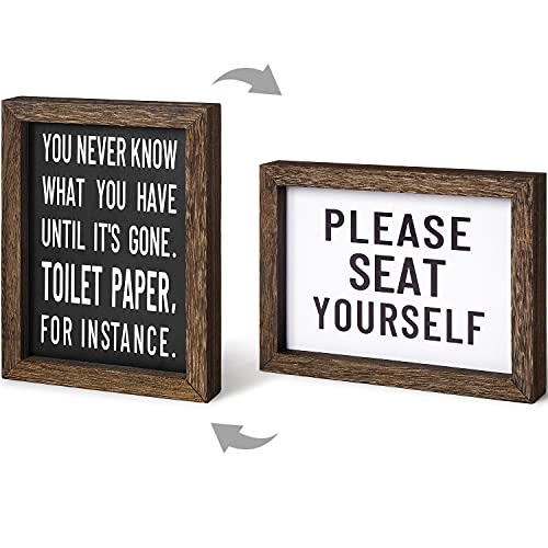 Mkono 1 Pcs Bathroom Decor Signs Farmhouse Rustic Box Sign Decorations Wooden Funny Bathroom Accessories Decor Signs for Shelves Both Sides with Sayings