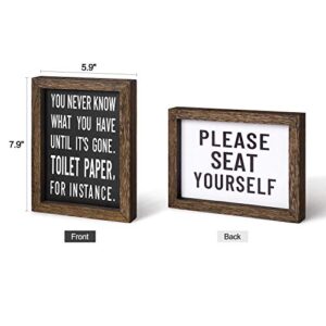 Mkono 1 Pcs Bathroom Decor Signs Farmhouse Rustic Box Sign Decorations Wooden Funny Bathroom Accessories Decor Signs for Shelves Both Sides with Sayings