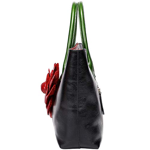 PIJUSHI Designer Genuine Leather Purses and Handbags for Women Satchel Flower Handbag (8825 Black)