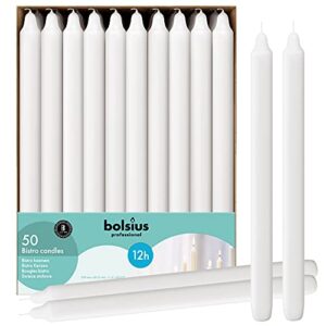 bolsius white candlesticks bulk pack 50 count – unscented dripless 11.5 inch household & dinner candle set – 12+ burn hours – premium european quality – consistent smokeless flame – 100% cotton wick