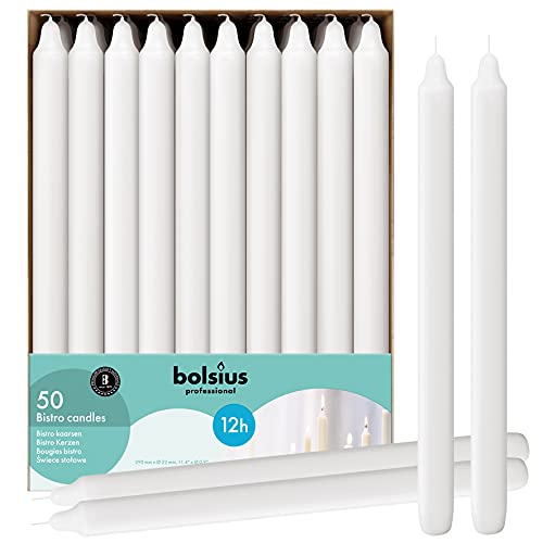 BOLSIUS White Candlesticks Bulk Pack 50 Count - Unscented Dripless 11.5 Inch Household & Dinner Candle Set - 12+ Burn Hours - Premium European Quality - Consistent Smokeless Flame - 100% Cotton Wick