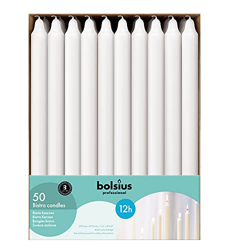 BOLSIUS White Candlesticks Bulk Pack 50 Count - Unscented Dripless 11.5 Inch Household & Dinner Candle Set - 12+ Burn Hours - Premium European Quality - Consistent Smokeless Flame - 100% Cotton Wick